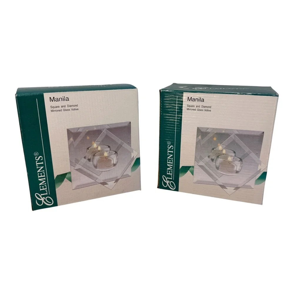 Votive Holder Geometric Mirrored Glass‎ Clear 2pc Set 90s Vintage Modern Look